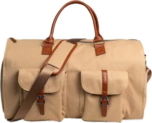 Weekender Travel Bag Canvas Garment Bag for Travel, Convertible Carry On Garment Duffel Bag for Men, Faux Leather Sport Gym Bag(A)