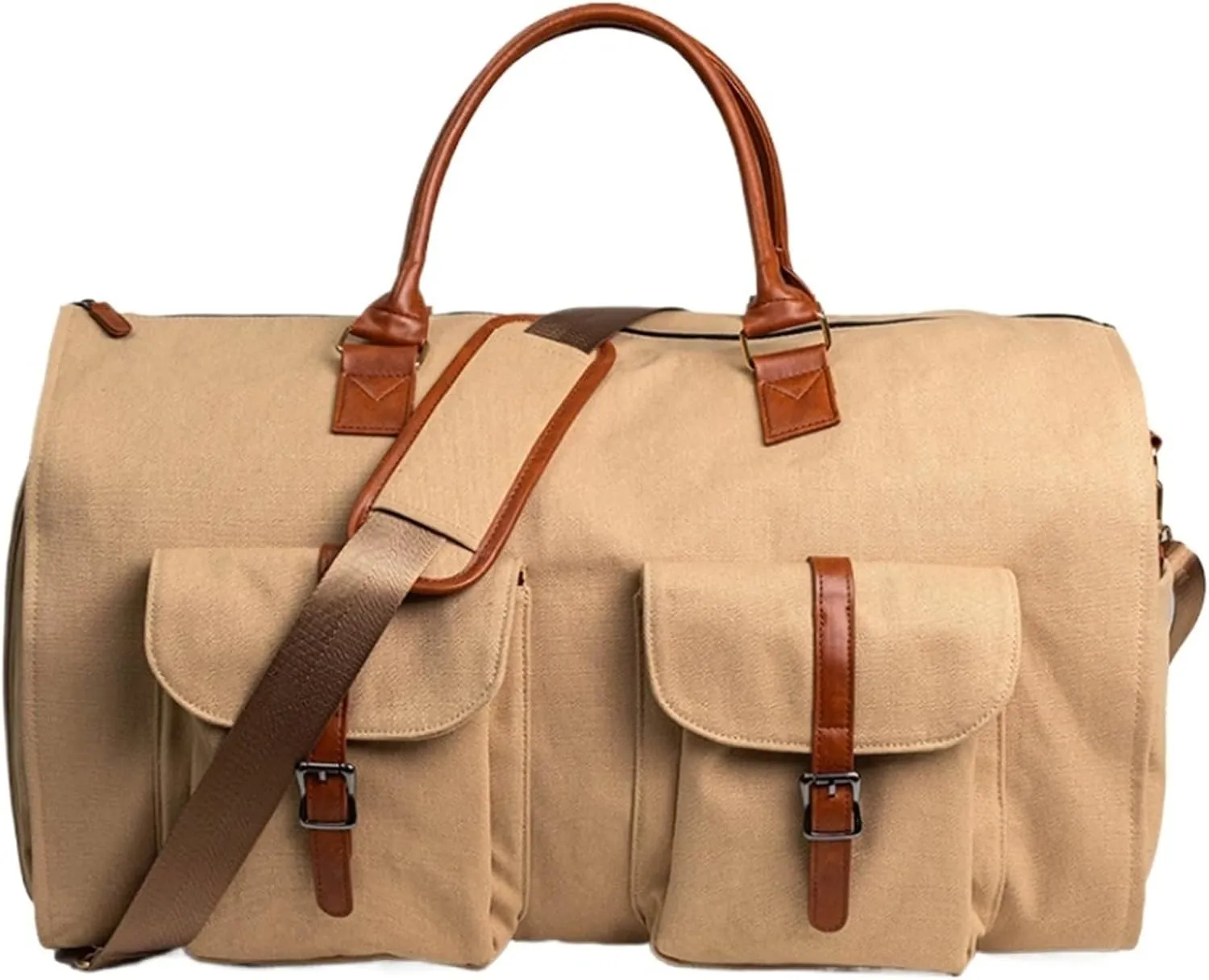 Weekender Travel Bag Canvas Garment Bag for Travel, Convertible Carry On Garment Duffel Bag for Men, Faux Leather Sport Gym Bag(A)