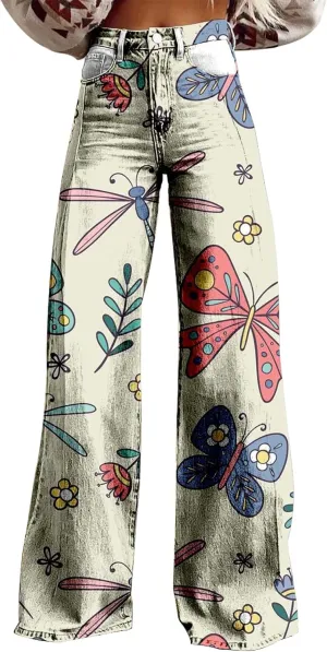 Wide Leg Pants for Women Fashion Casual Floral Print High Waist Buttoned Loose Flared Trouser Fall Vintage Work Pants