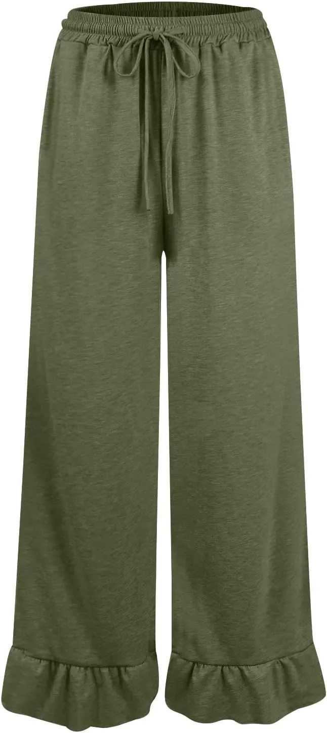 Wide Leg Pants Woman Drawstring High Waisted Ruffle Hem Palazzo Pants Casual Flowy Beach Pants Culottes with Pockets
