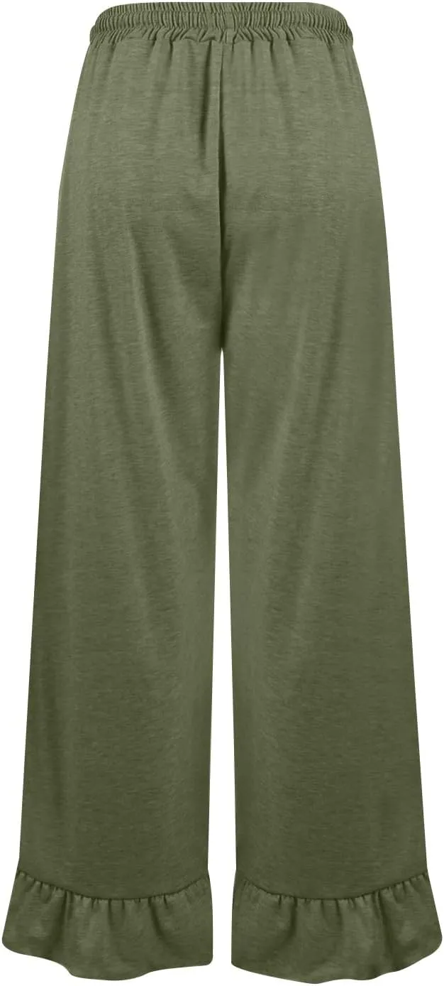 Wide Leg Pants Woman Drawstring High Waisted Ruffle Hem Palazzo Pants Casual Flowy Beach Pants Culottes with Pockets