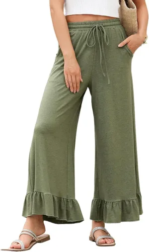 Wide Leg Pants Woman Drawstring High Waisted Ruffle Hem Palazzo Pants Casual Flowy Beach Pants Culottes with Pockets