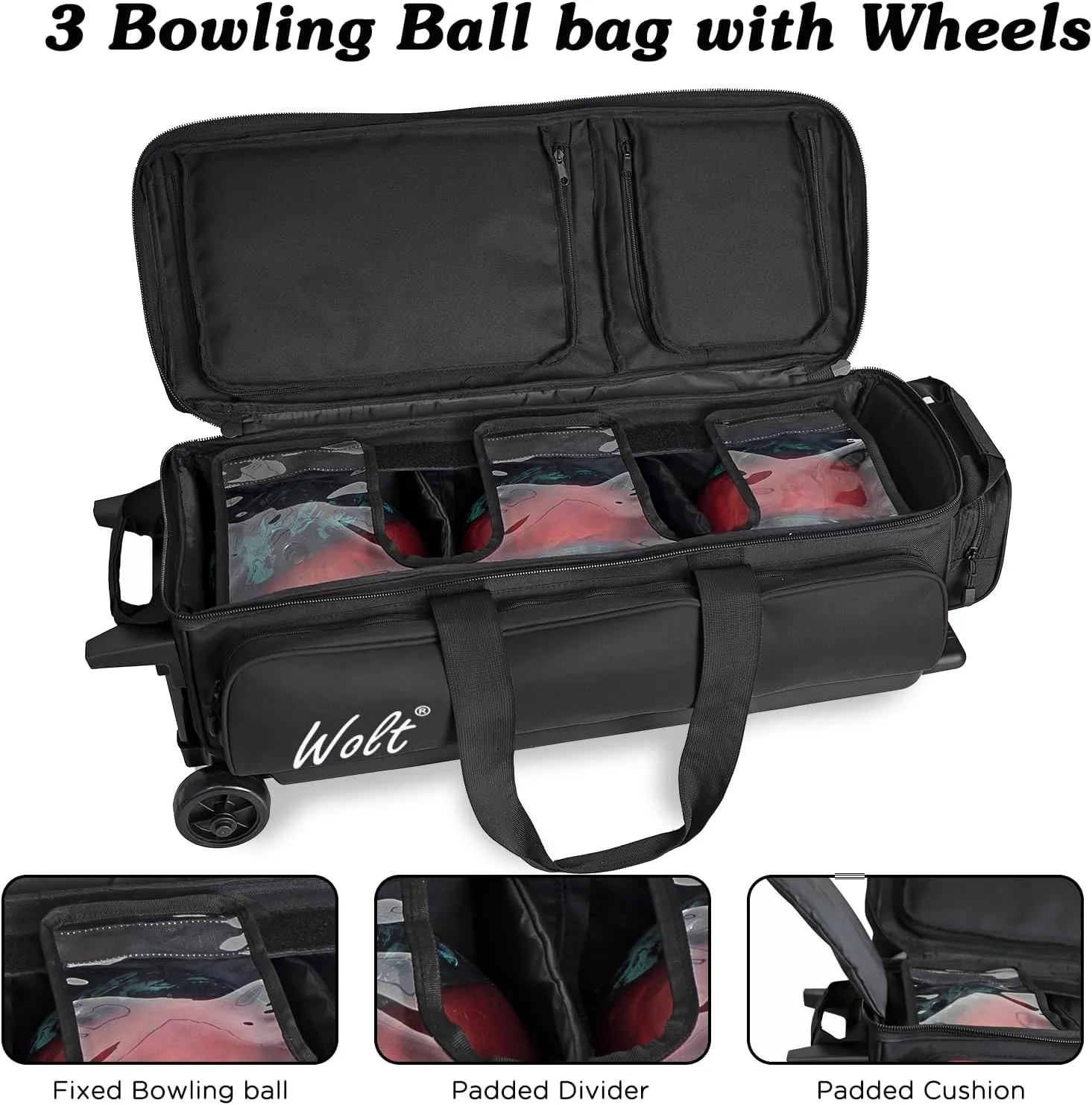 WOLT 3 Ball Bowling Bags with Wheels,Bowling Ball Bag 3 Ball Roller with Separate Shoe Compartment and Accessory Pocket, Retractable Handle Extends to 38
