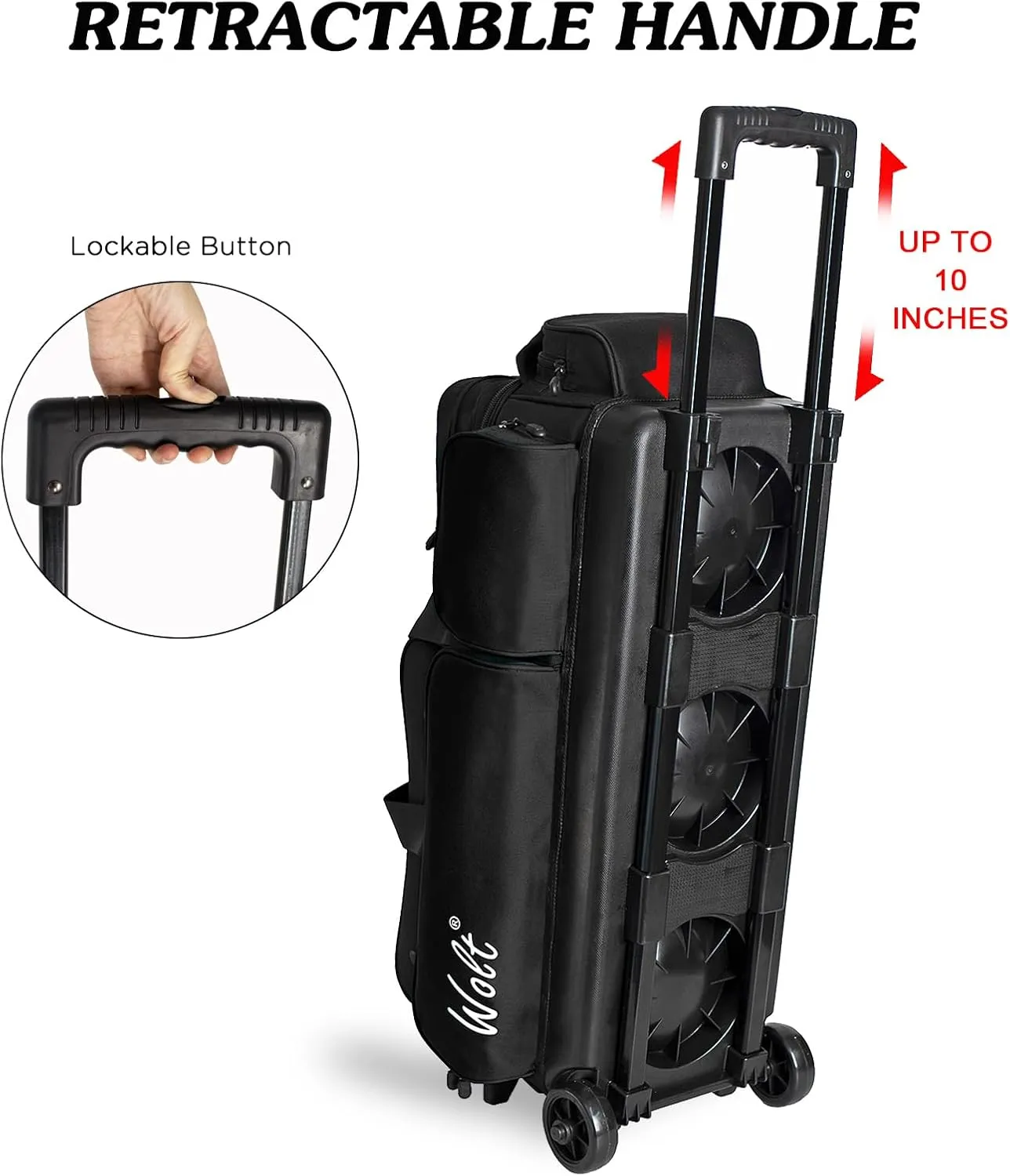 WOLT 3 Ball Bowling Bags with Wheels,Bowling Ball Bag 3 Ball Roller with Separate Shoe Compartment and Accessory Pocket, Retractable Handle Extends to 38