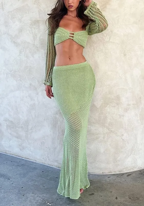 Women Crochet Knit 2 Piece Long Skirt Sets Hollow Out Crop Top Bodycon High Waist Side Slit Maxi Skirt Summer Sets