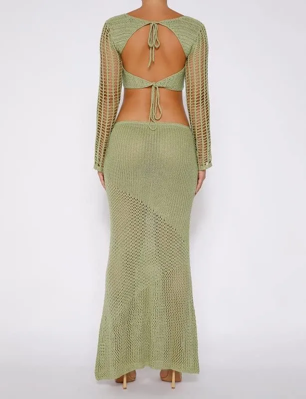 Women Crochet Knit 2 Piece Long Skirt Sets Hollow Out Crop Top Bodycon High Waist Side Slit Maxi Skirt Summer Sets