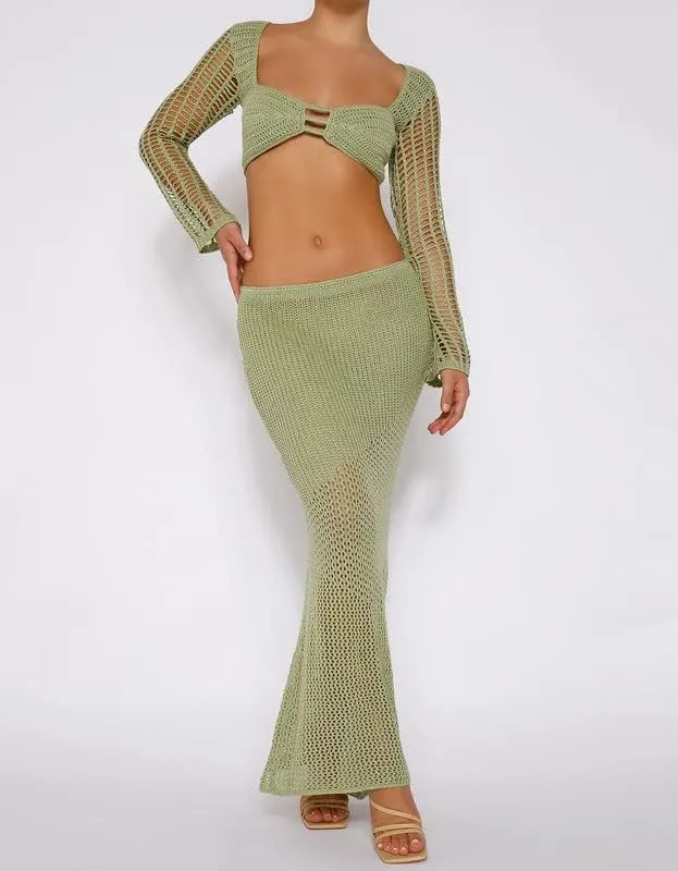 Women Crochet Knit 2 Piece Long Skirt Sets Hollow Out Crop Top Bodycon High Waist Side Slit Maxi Skirt Summer Sets