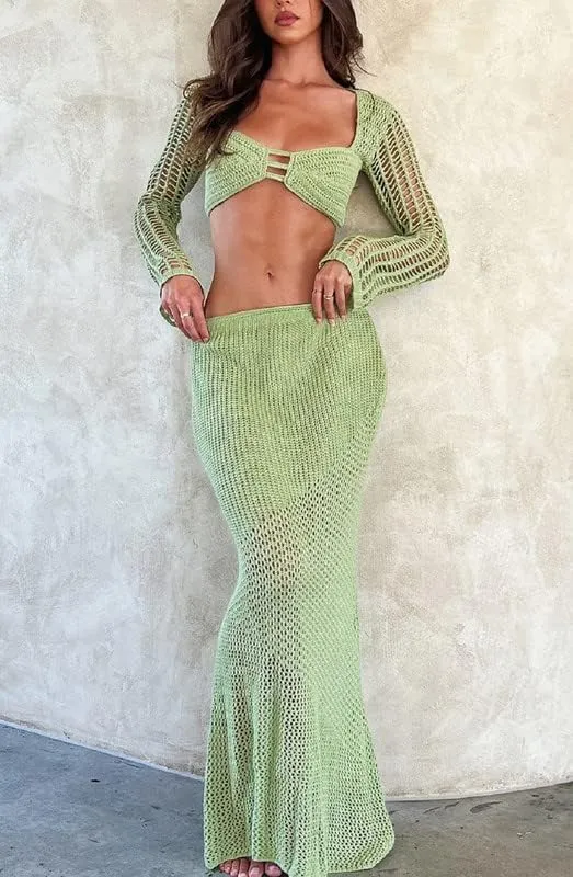 Women Crochet Knit 2 Piece Long Skirt Sets Hollow Out Crop Top Bodycon High Waist Side Slit Maxi Skirt Summer Sets