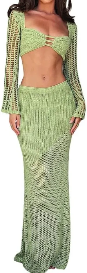 Women Crochet Knit 2 Piece Long Skirt Sets Hollow Out Crop Top Bodycon High Waist Side Slit Maxi Skirt Summer Sets