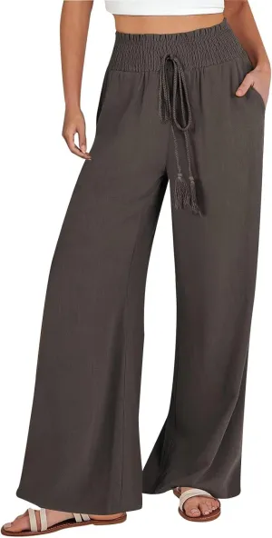Women Linen Blend Summer Comfy Pant Trousers Elastic Waisted Wide Leg Slim Fit Palazzo Pants Vacation