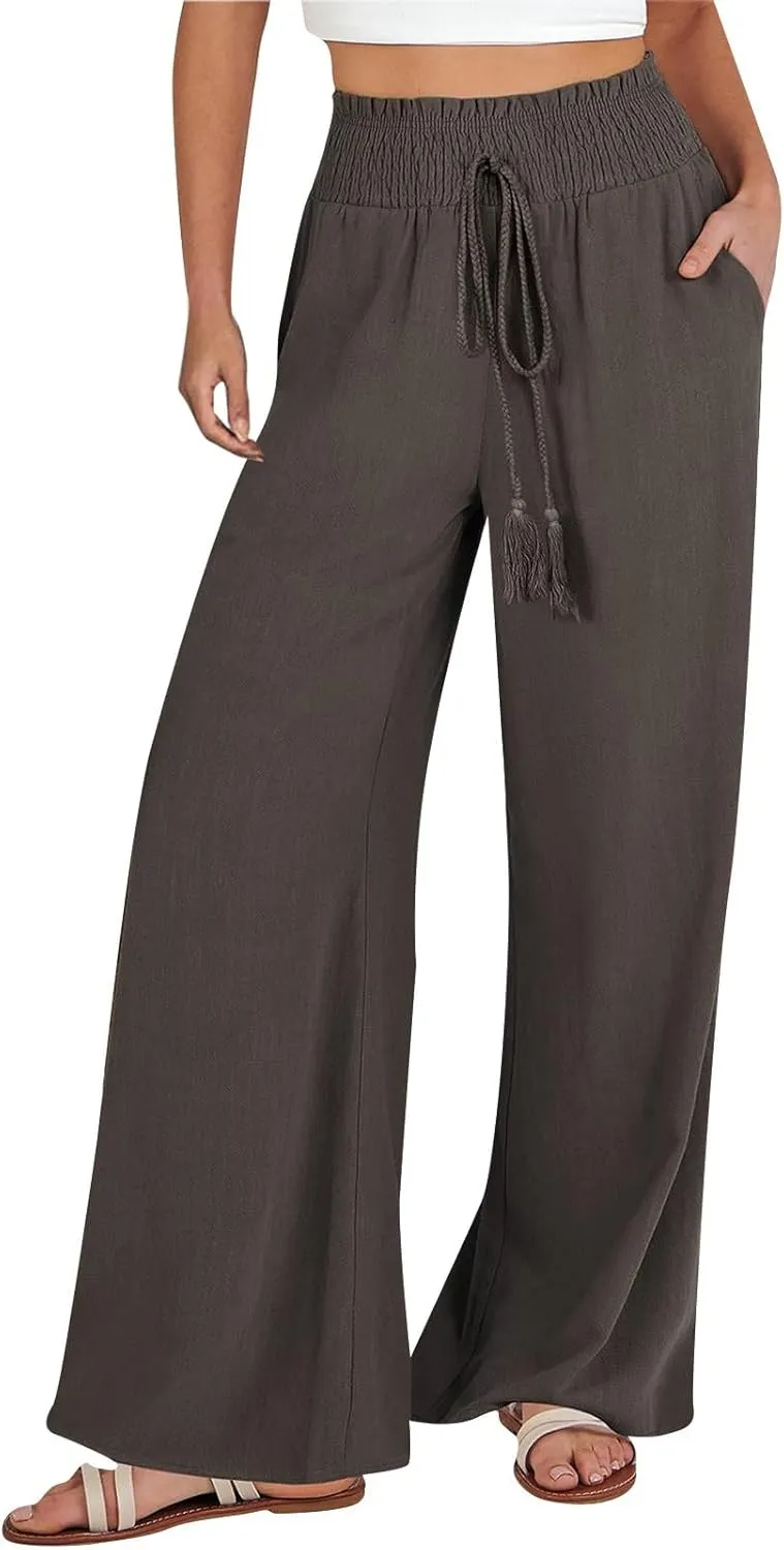 Women Linen Blend Summer Comfy Pant Trousers Elastic Waisted Wide Leg Slim Fit Palazzo Pants Vacation