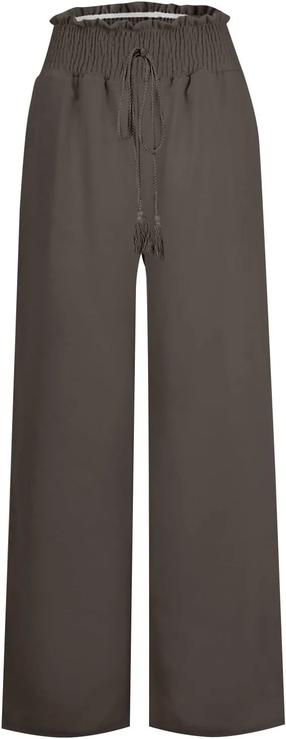 Women Linen Blend Summer Comfy Pant Trousers Elastic Waisted Wide Leg Slim Fit Palazzo Pants Vacation