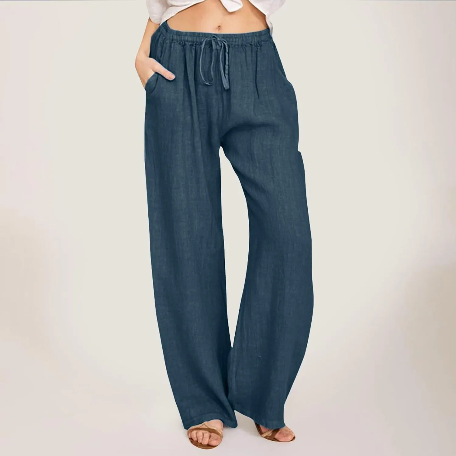 Women Linen Summer Striped Palazzo Pants High Waist Ankle Length Slim Fit Palazzo Pants Beach