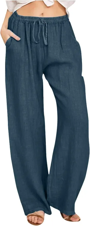 Women Linen Summer Striped Palazzo Pants High Waist Ankle Length Slim Fit Palazzo Pants Beach