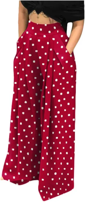 Women Polka Dots Oversized Straight Leg Baggy Pants Stretch High Waist Summer Fashion Casual Trousers with Pockets