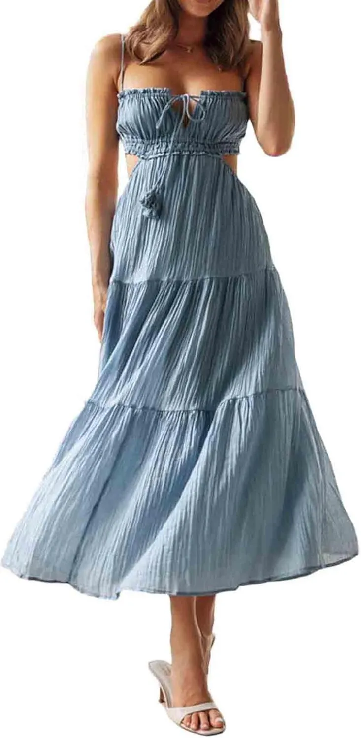 Women Spaghetti Strap Halter Neck Low Cut Dress Backless Long Maxi Flowy Pleated Dress Beach Sundress