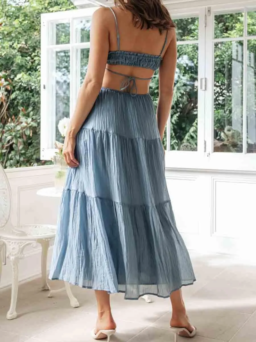 Women Spaghetti Strap Halter Neck Low Cut Dress Backless Long Maxi Flowy Pleated Dress Beach Sundress