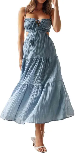 Women Spaghetti Strap Halter Neck Low Cut Dress Backless Long Maxi Flowy Pleated Dress Beach Sundress
