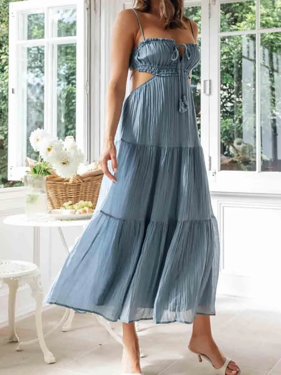Women Spaghetti Strap Halter Neck Low Cut Dress Backless Long Maxi Flowy Pleated Dress Beach Sundress
