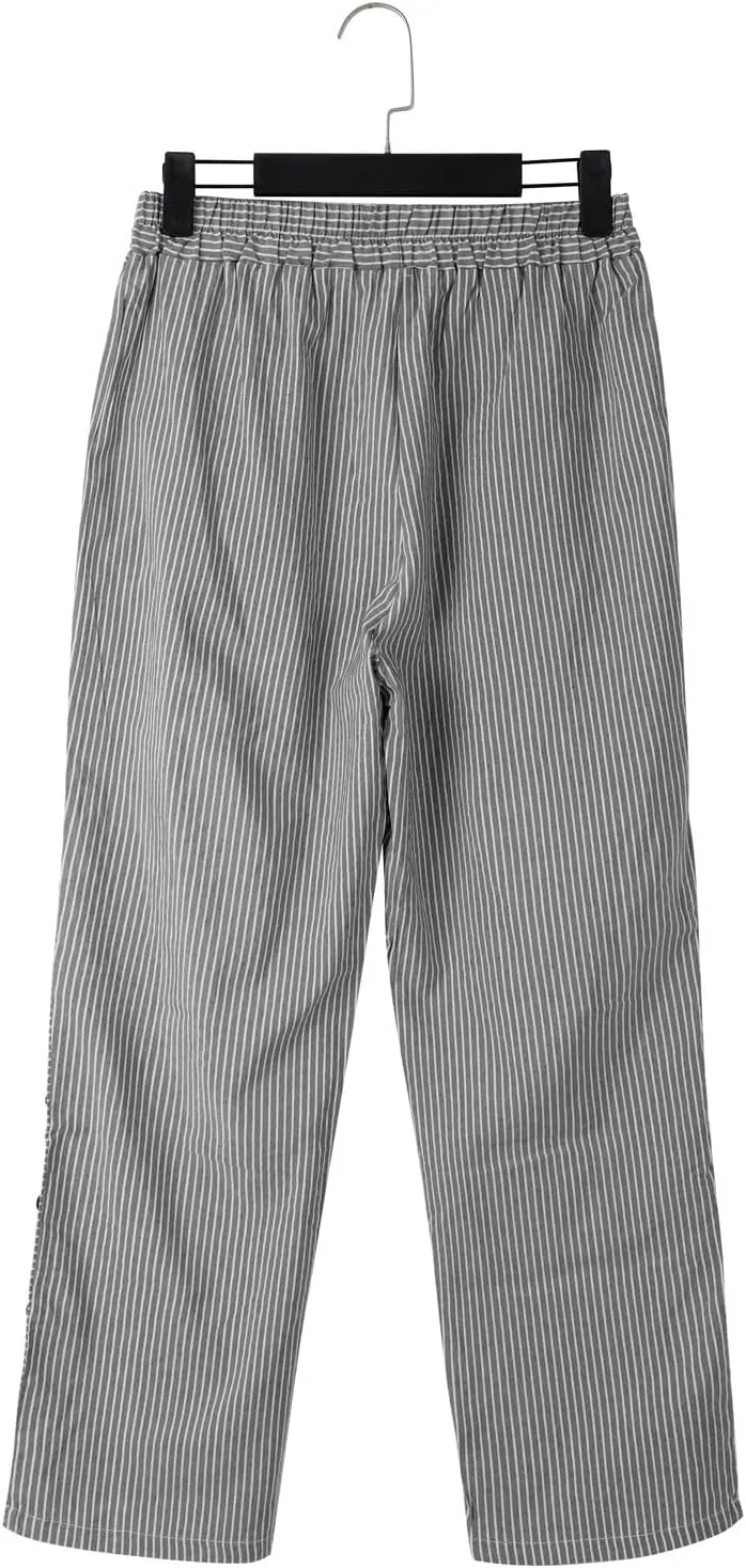 Women Stripe Cotton Linen Pants Straight Leg Side Button Multi-Pocket Fashion Trousers Street Hip Hop Y2K Casual Pant