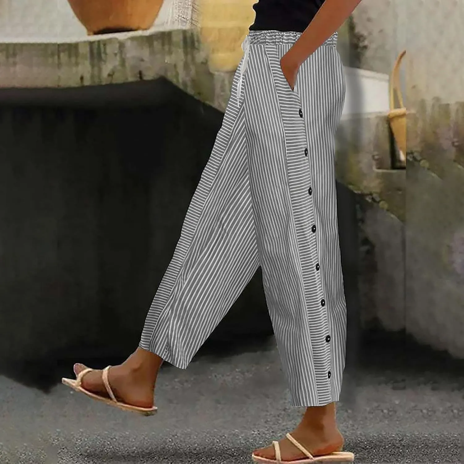 Women Stripe Cotton Linen Pants Straight Leg Side Button Multi-Pocket Fashion Trousers Street Hip Hop Y2K Casual Pant