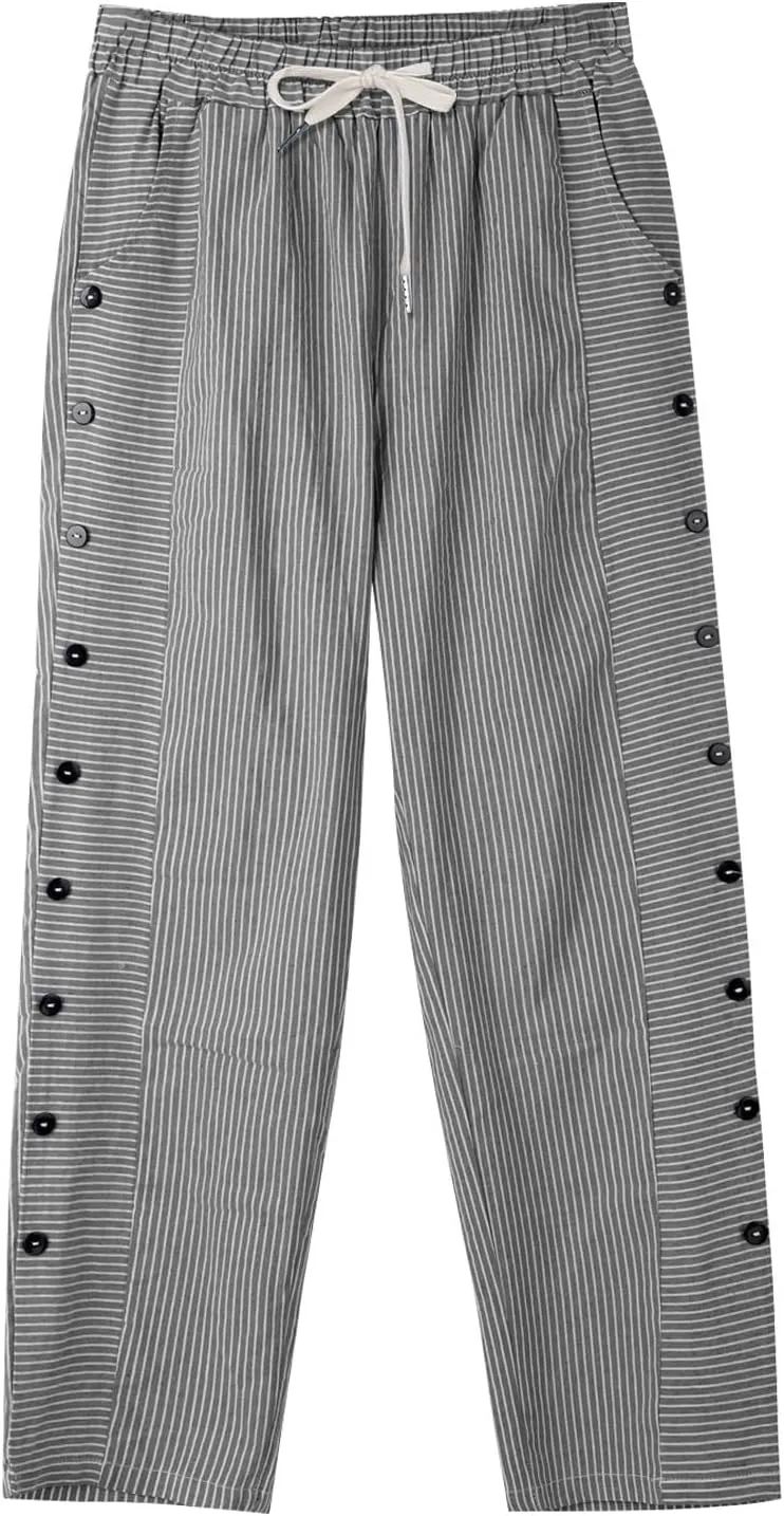 Women Stripe Cotton Linen Pants Straight Leg Side Button Multi-Pocket Fashion Trousers Street Hip Hop Y2K Casual Pant