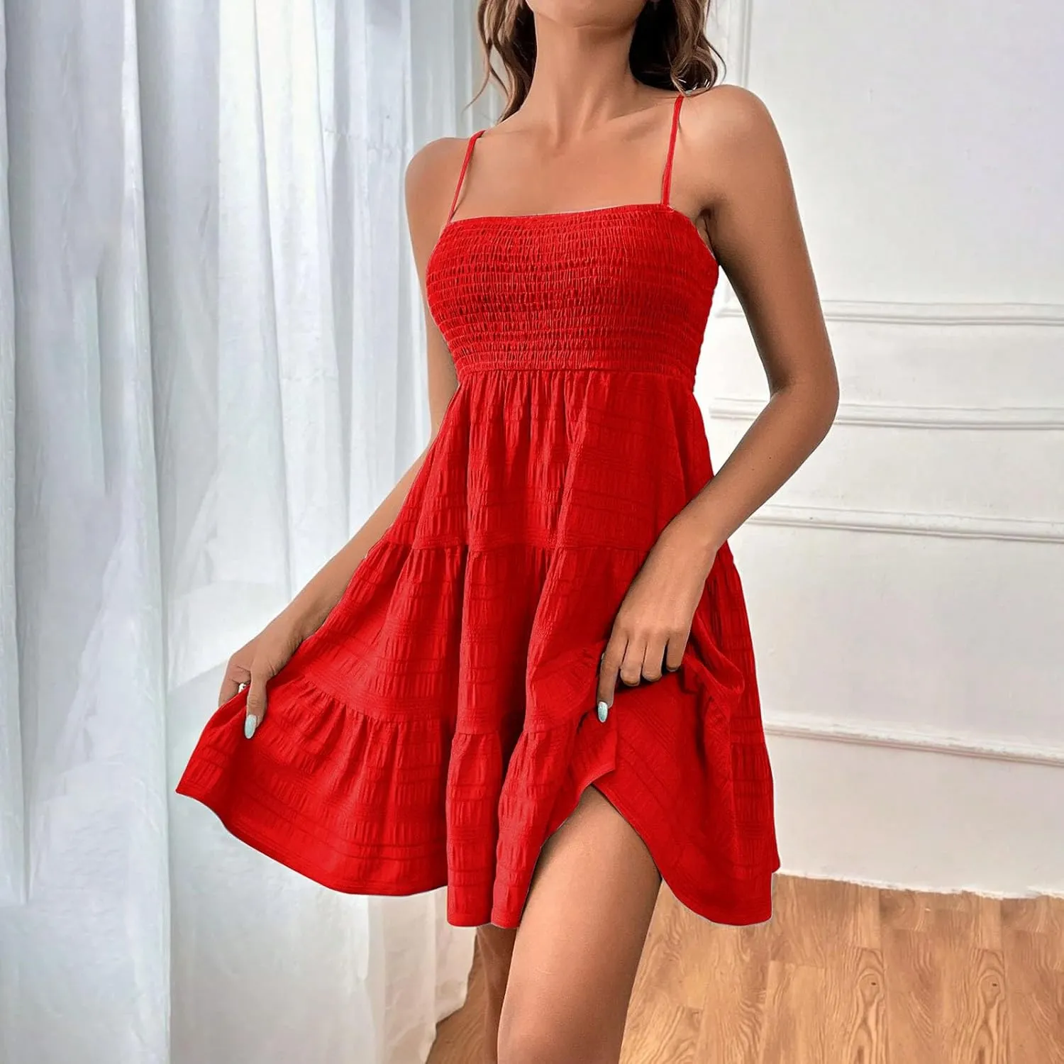 Women Summer Mini Dresses Square Neck Spaghetti Strap Sundress Casual Sleeveless A Line Tiered Beach Graduation Dress