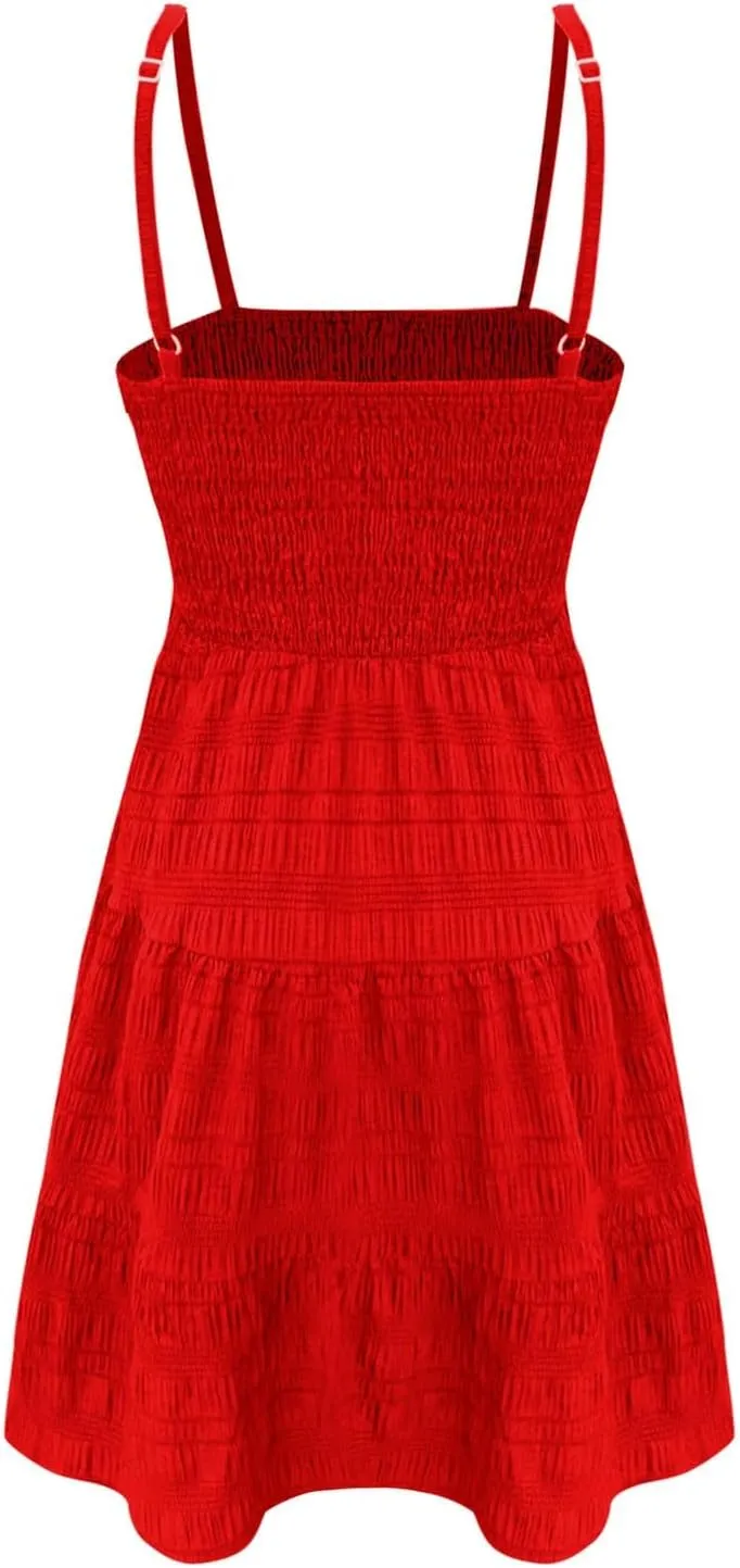 Women Summer Mini Dresses Square Neck Spaghetti Strap Sundress Casual Sleeveless A Line Tiered Beach Graduation Dress