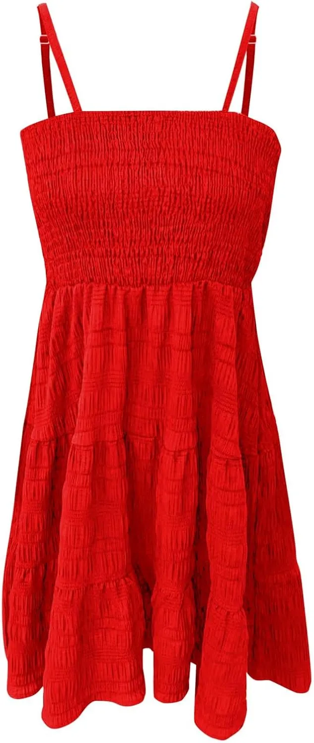 Women Summer Mini Dresses Square Neck Spaghetti Strap Sundress Casual Sleeveless A Line Tiered Beach Graduation Dress