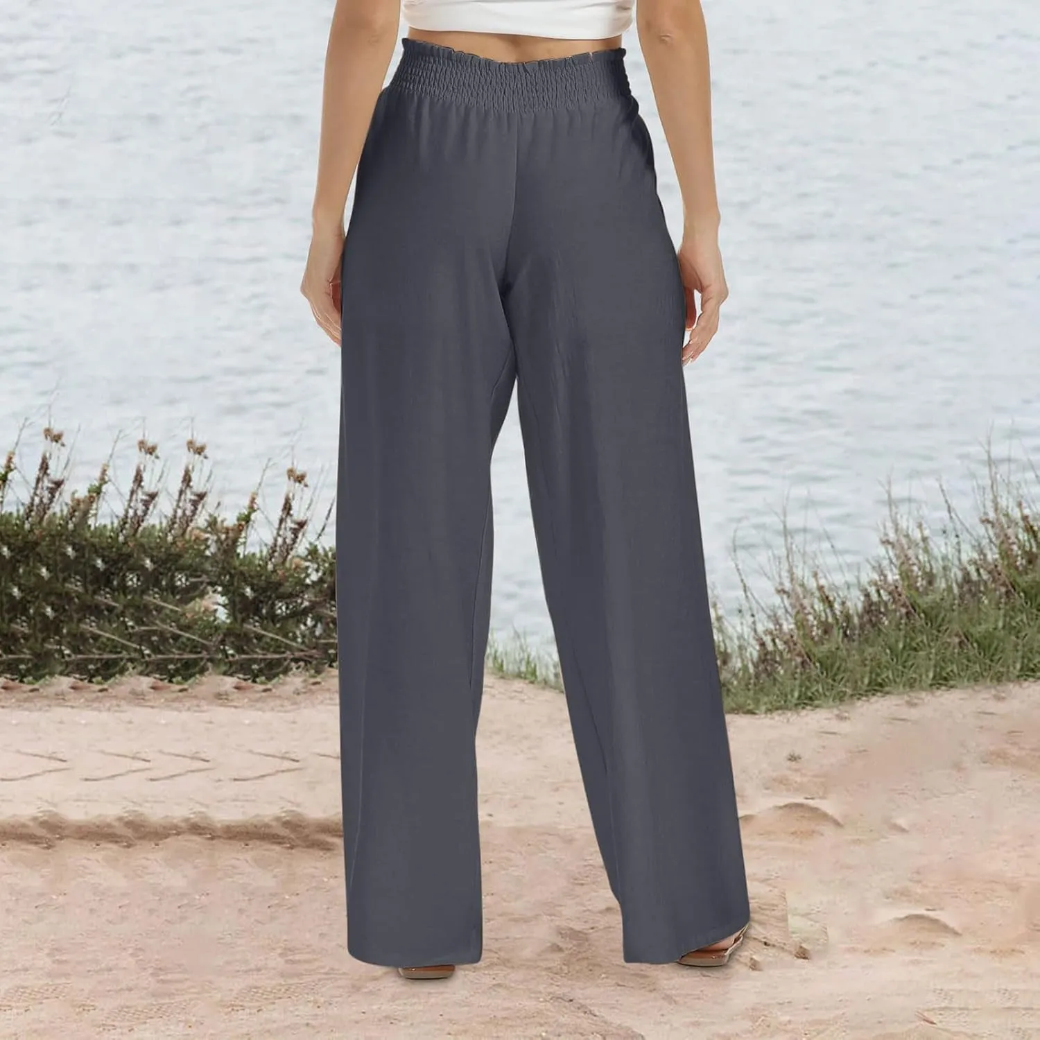 Women Summer Smocked Cotton Linen Palazzo Pants High Waisted Wide Leg Lounge Pant Boho Trousers Joggers with Pockets