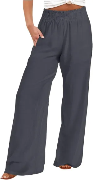Women Summer Smocked Cotton Linen Palazzo Pants High Waisted Wide Leg Lounge Pant Boho Trousers Joggers with Pockets