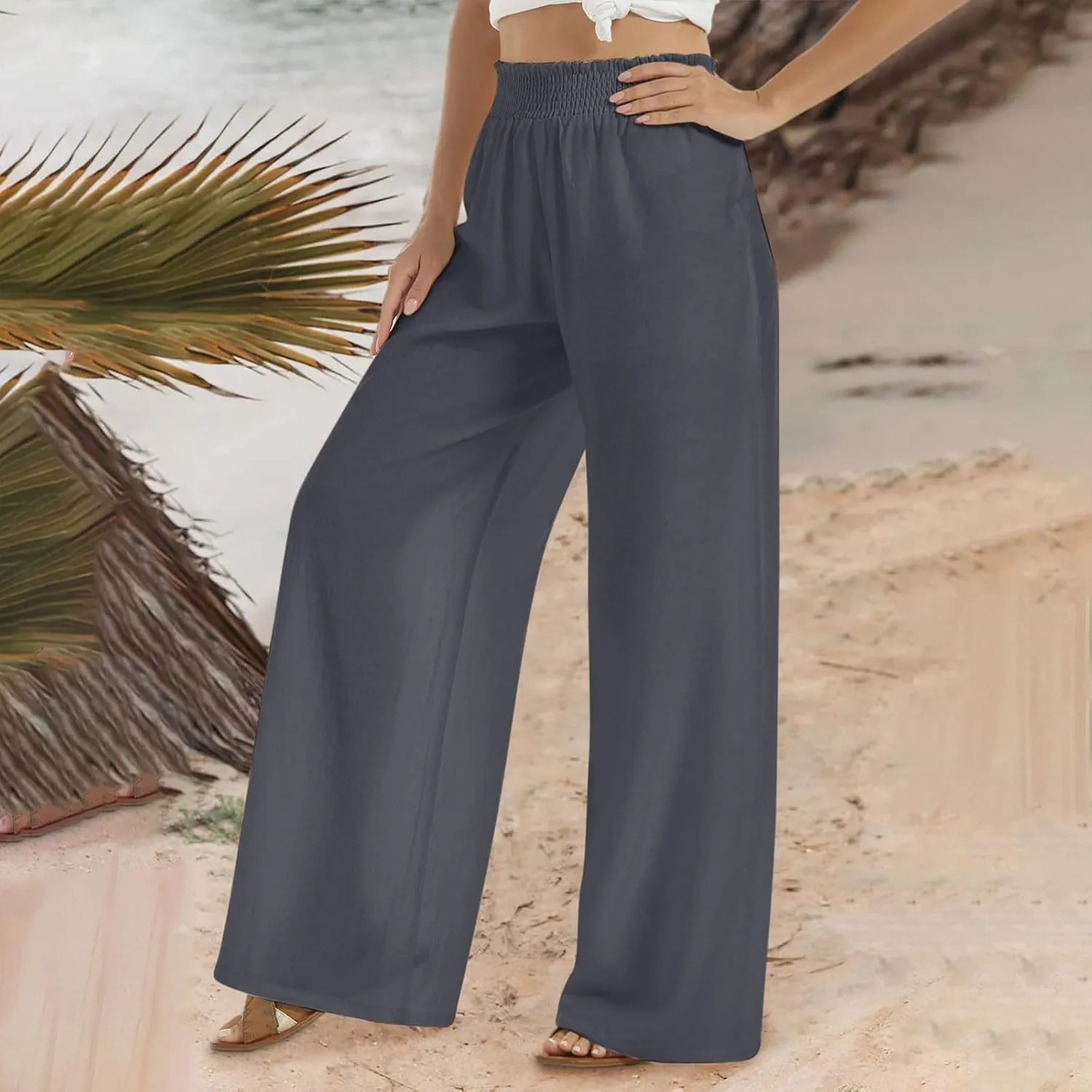 Women Summer Smocked Cotton Linen Palazzo Pants High Waisted Wide Leg Lounge Pant Boho Trousers Joggers with Pockets