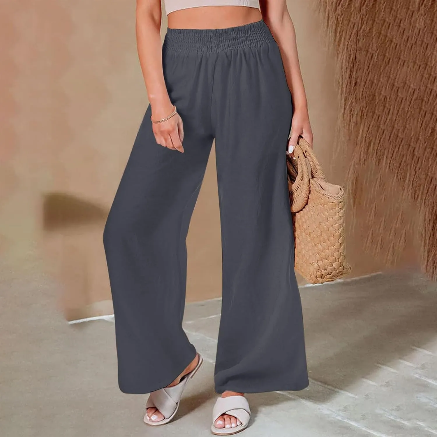 Women Summer Smocked Cotton Linen Palazzo Pants High Waisted Wide Leg Lounge Pant Boho Trousers Joggers with Pockets