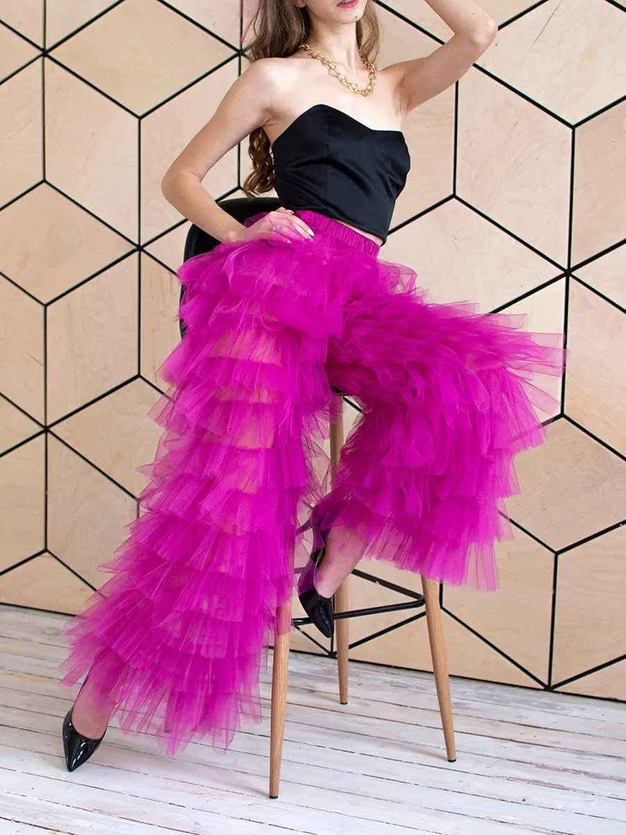 Women Tulle Pants Y2k Multi Layered Long Pants Ruffle Tiered High Waist Wide Leg Trousers Party Dress Up