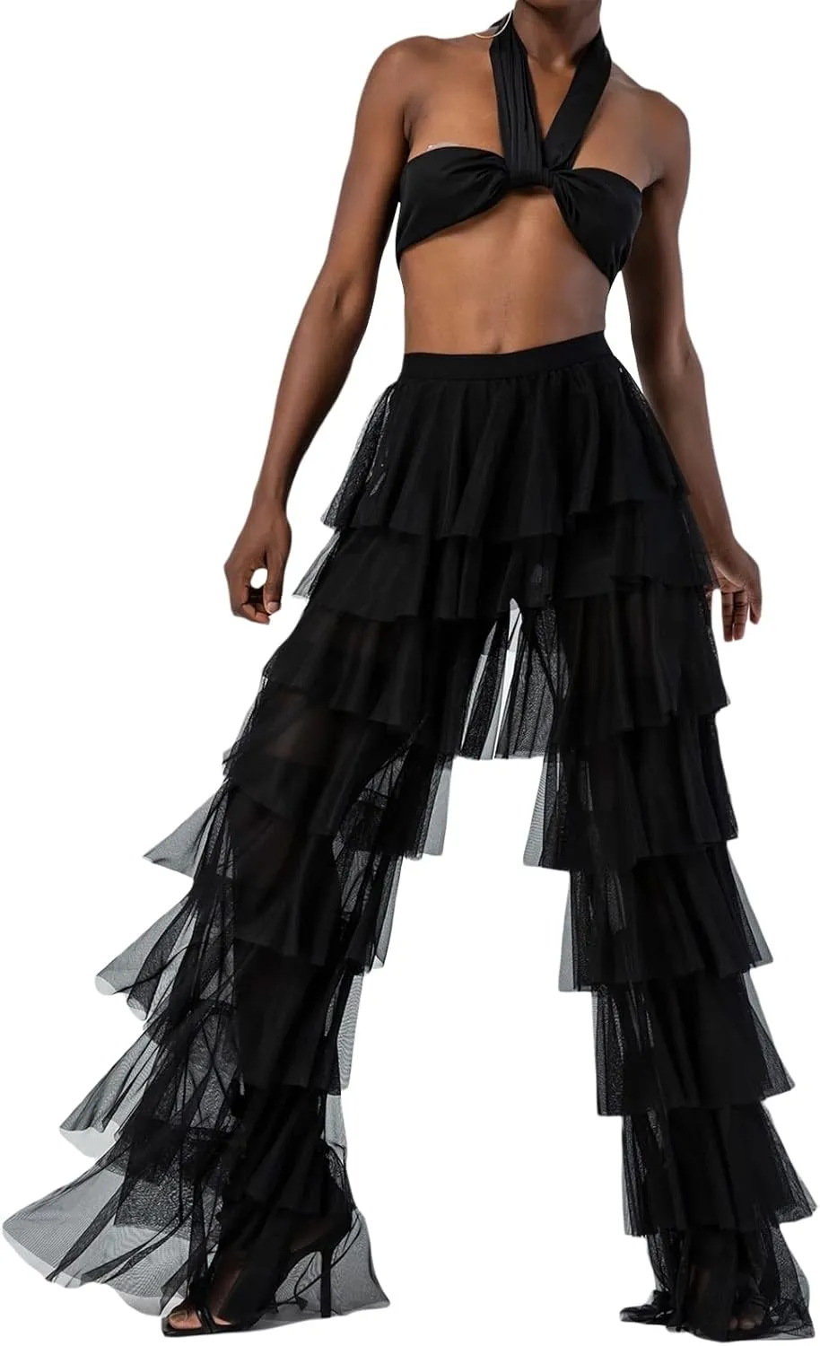 Women Tulle Pants Y2k Multi Layered Long Pants Ruffle Tiered High Waist Wide Leg Trousers Party Dress Up