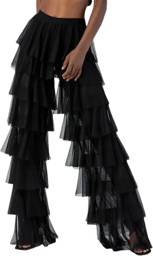 Women Tulle Pants Y2k Multi Layered Long Pants Ruffle Tiered High Waist Wide Leg Trousers Party Dress Up