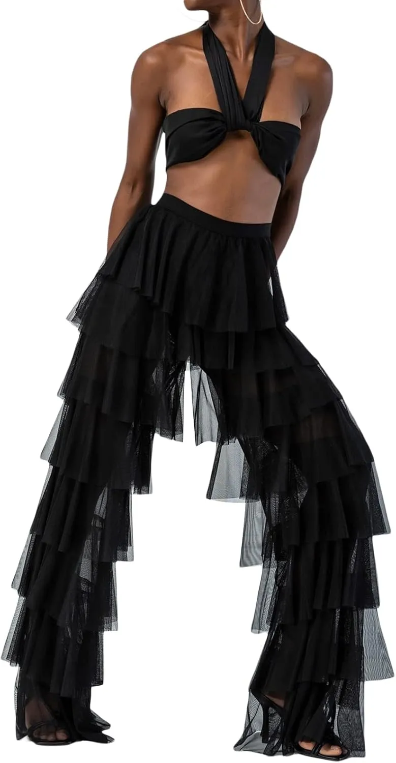 Women Tulle Pants Y2k Multi Layered Long Pants Ruffle Tiered High Waist Wide Leg Trousers Party Dress Up