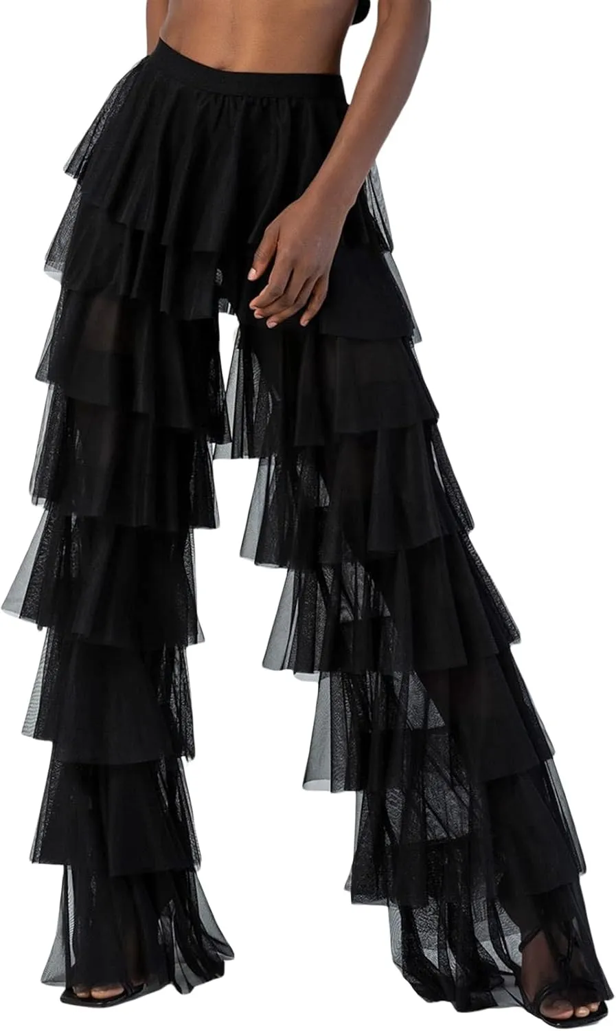 Women Tulle Pants Y2k Multi Layered Long Pants Ruffle Tiered High Waist Wide Leg Trousers Party Dress Up