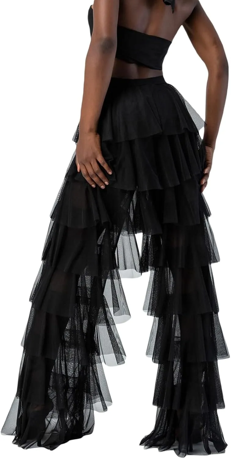 Women Tulle Pants Y2k Multi Layered Long Pants Ruffle Tiered High Waist Wide Leg Trousers Party Dress Up