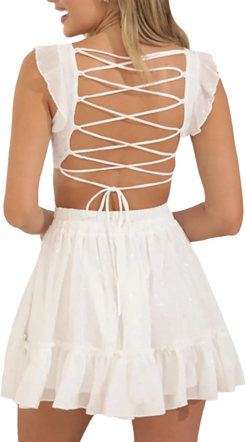 Women Y2K Bodycon Mini Dresses Spaghetti Strap Floral Square Neck A Line Short Dress Ruffle Lace Up Partywear