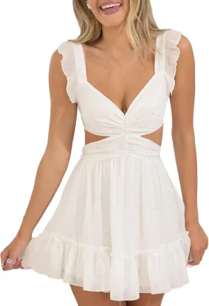 Women Y2K Bodycon Mini Dresses Spaghetti Strap Floral Square Neck A Line Short Dress Ruffle Lace Up Partywear