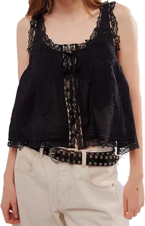 Women Y2K Cute Lace Trim Tank Top Sleeveless Semi Sheer Button Down Crop Shirt Vest Summer Trendy Going Out Tops