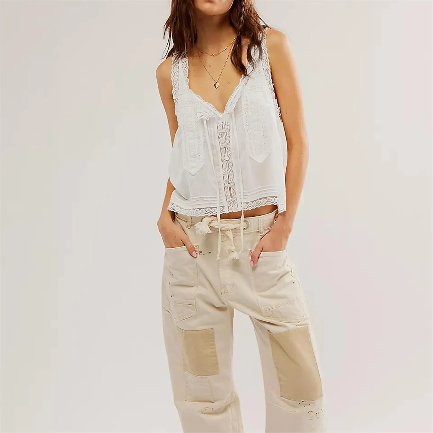 Women Y2K Cute Lace Trim Tank Top Sleeveless Semi Sheer Button Down Crop Shirt Vest Summer Trendy Going Out Tops