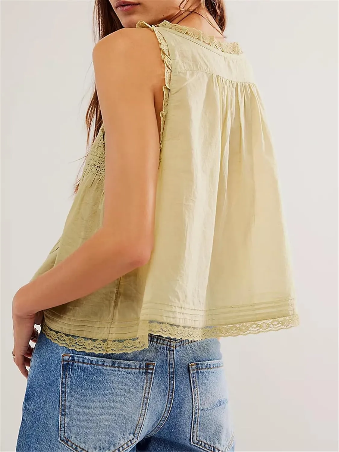 Women Y2K Cute Lace Trim Tank Top Sleeveless Semi Sheer Button Down Crop Shirt Vest Summer Trendy Going Out Tops