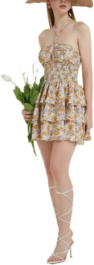 Women Y2K Floral Spaghetti Strap Mini Dress Bodycon Square Neck A Line Short Dress Ruffle Sleeve Lace Up Partywear