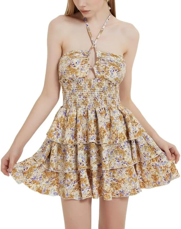 Women Y2K Floral Spaghetti Strap Mini Dress Bodycon Square Neck A Line Short Dress Ruffle Sleeve Lace Up Partywear