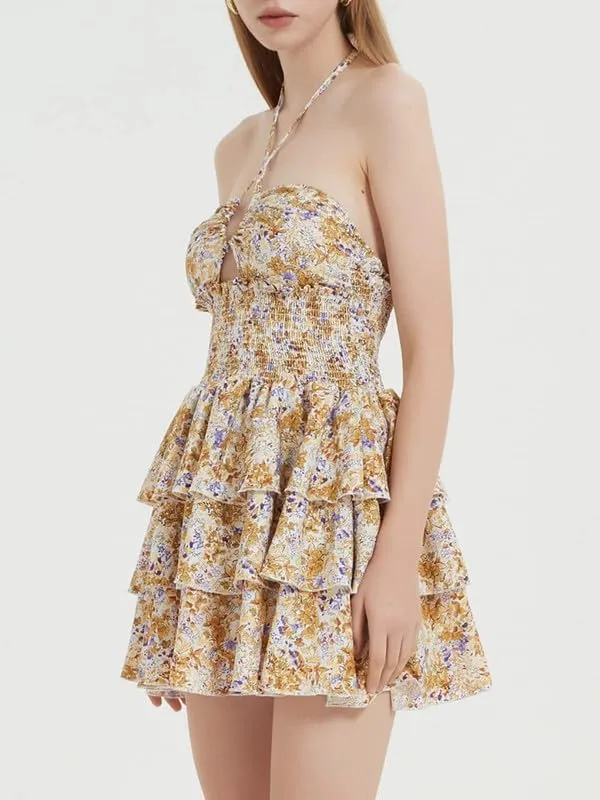 Women Y2K Floral Spaghetti Strap Mini Dress Bodycon Square Neck A Line Short Dress Ruffle Sleeve Lace Up Partywear