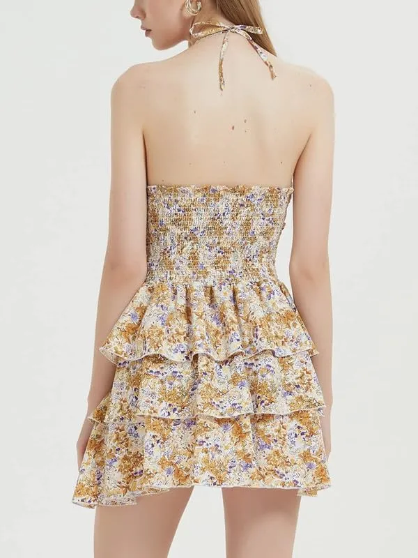 Women Y2K Floral Spaghetti Strap Mini Dress Bodycon Square Neck A Line Short Dress Ruffle Sleeve Lace Up Partywear