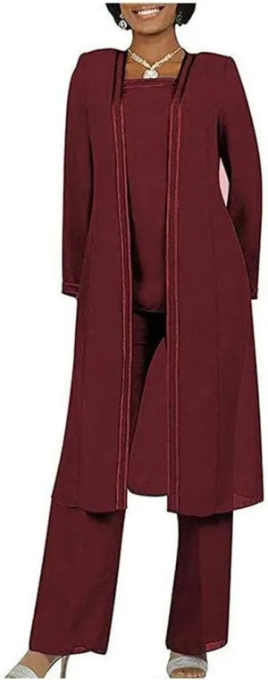 Women's 3 PC Chiffon Pants Suits Mother's Outfit for Wedding Plus Size Evening Gowns Dress Suit