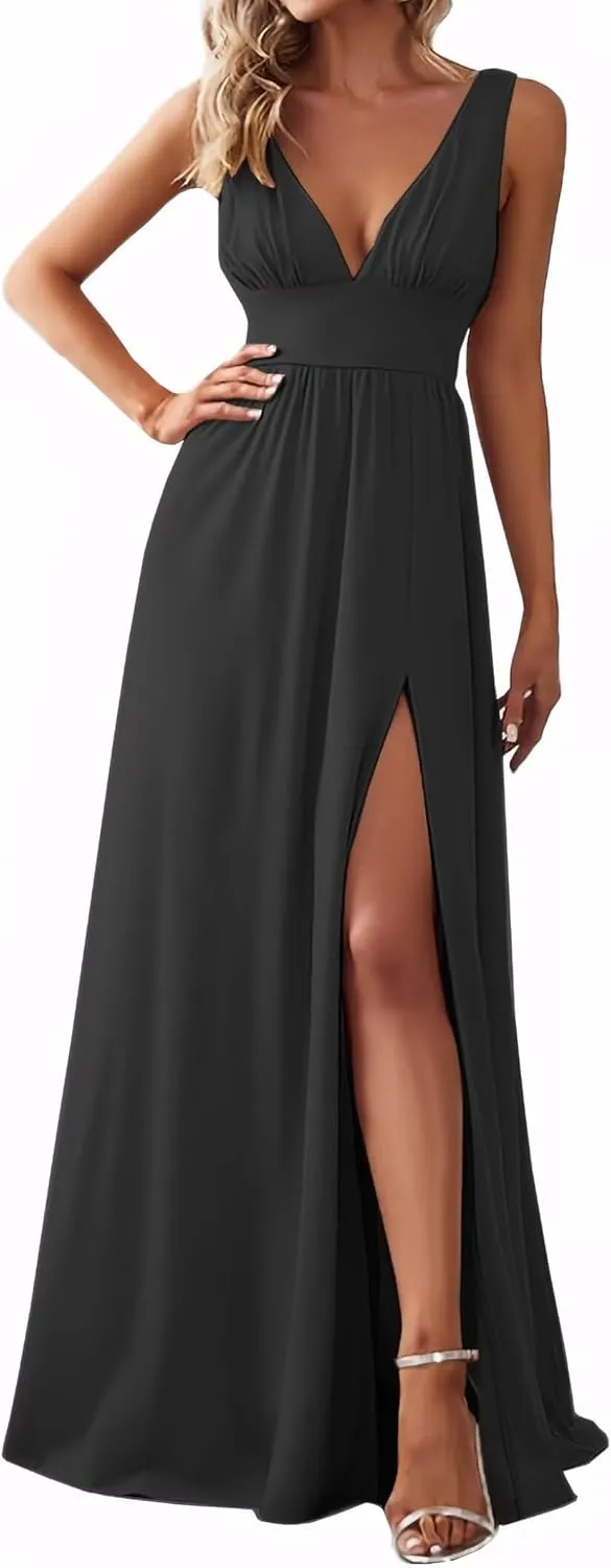 Women's A Line Chiffon Prom Dresses with Slit Deep V Neck Bridesmaid Dress Long